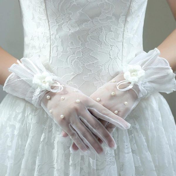 

five fingers gloves summer sunscreen wedding dress lace mittens korean women ultra thin short mesh transparent pearl bow anti-uv driving h9, Blue;gray