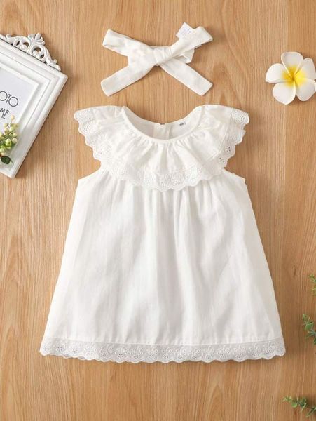 

baby eyelet embroidered ruffle trim dress & headband she, Red;yellow