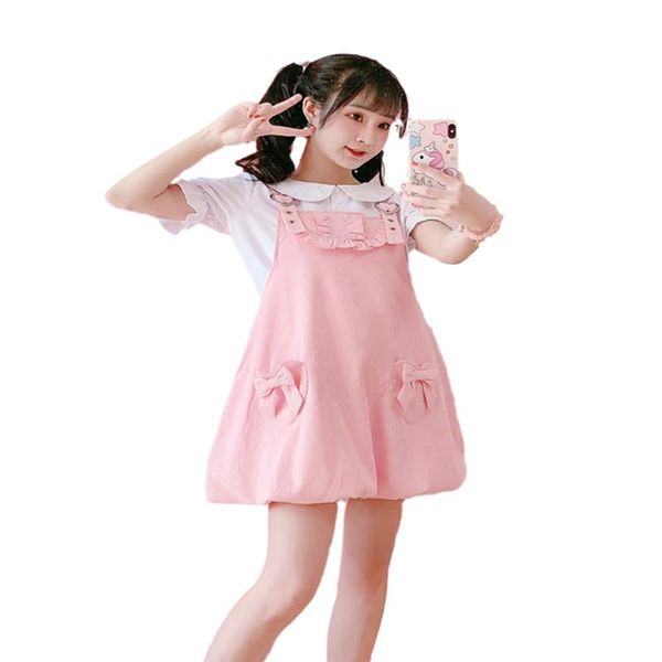 

summer kawaii pink dress teen girls korean style vintage ruffles spaghetti strap dresses cute heart bow pocket loose overalls casual, Black;gray