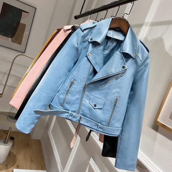

women's leather & faux fmfssom women short coats yellow inclined zipper motorcycle biker jackets soft pu jacket with belt, Black