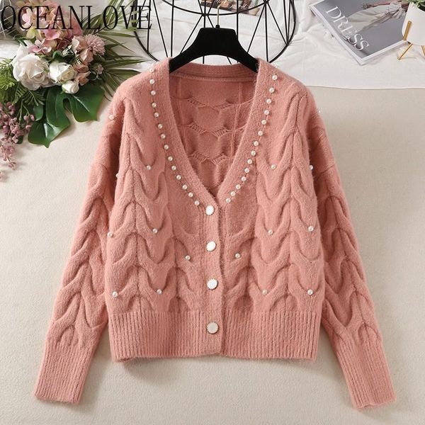 

sweet beading cardigans solid v neck autumn winter sweaters women short korean casual mujer chaqueta 17696 210415, White;black