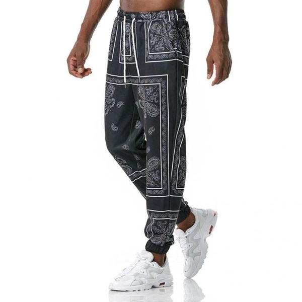 

men's pants fashion men casual mid rise quick drying paisley print drawstring ankle tied loose trousers fitness sweatpants, Black
