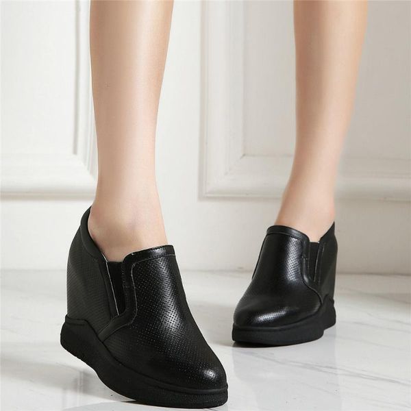 

punk oxfords shoes women genuine leather wedges high heel ankle boots female breathable round toe fashion sneakers casual, Black
