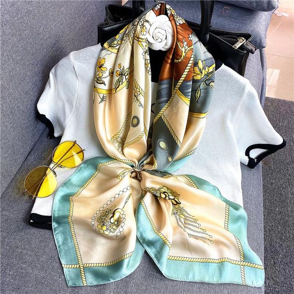 

scarves fashion square scarf 2021 chain women silk shawl foulard plaid wraps beach towel crinkle hijab, Blue;gray