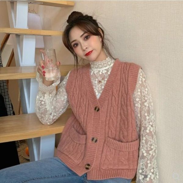

women's vests korean women knitted sweater cardigan sleeveless female soft vest ladies pocket v-neck coat outerwear, Black;white
