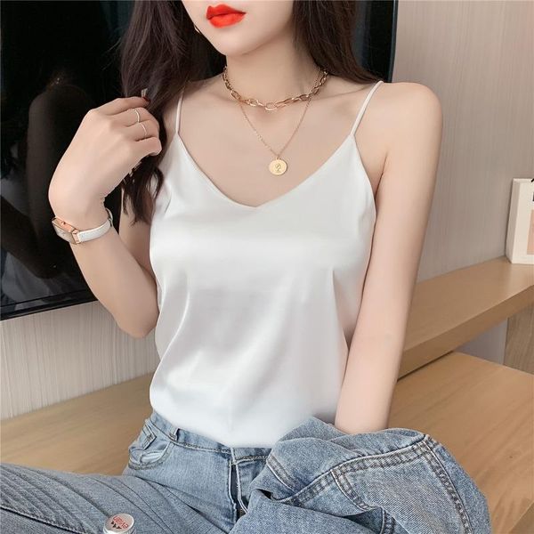

women's blouses & shirts summer fashion silk blouse for women solid v-neck satin sleeveless style elegant loose blusa 16173, White
