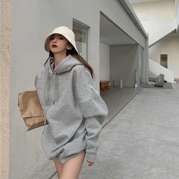 

women hoodie korean style pullover spring autumn solid color long sleeve oversized hooded sweatshirt lady casual large coats, Black
