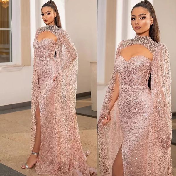 Abiti da ballo glamour glitterati Collo alto con abito da sera avvolgente Abito da sera con maniche corte su misura Plus Size Celebrity Party Gown