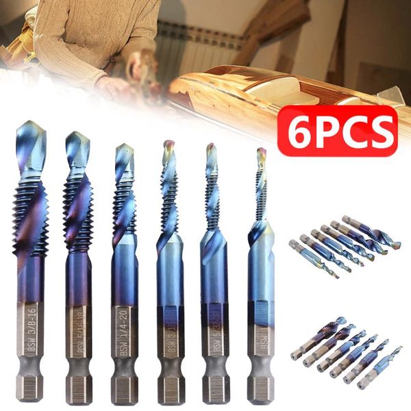 

hand tools iwown 6pcs m3-m10 titanium hss combination drill tap bit hex shank plated screw thread metric bits