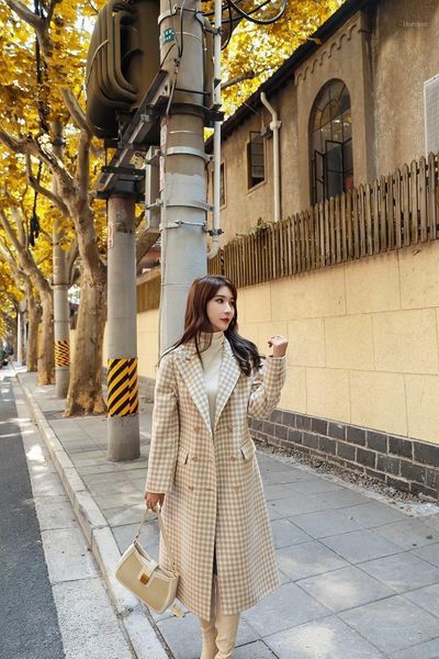 

women's wool & blends 2021 british thousand bird check double faced tweed coat autumn and winter 2-color, Black