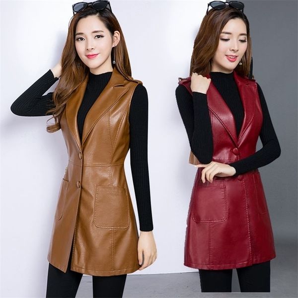 

plus size 3xl pu leather red women's vest long leather sleeveless sherpa coat female spring waistcoat for feminine jacket 210817, Black;white