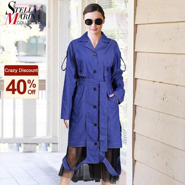 

casual dresses 2021 woman long sleeve autumn blue denim blazer dress with sashes mesh hem office ladies stylish elegant vestidos 8503, Black;gray