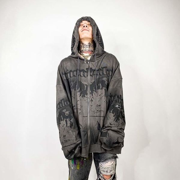 

men's hoodies & sweatshirts cartoon harajuku hoodie zip hip hop streetwear 2021 autumn casual loose fit nb2053, Black