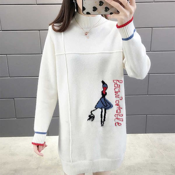 

women's sweaters long jumper autumn winter plus veet thick half turtleneck ladies embroidery solid knitted wear for female 07uh, White;black