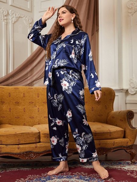 

plus tropical print contrast piping satin pj set p1ko#, Black;white