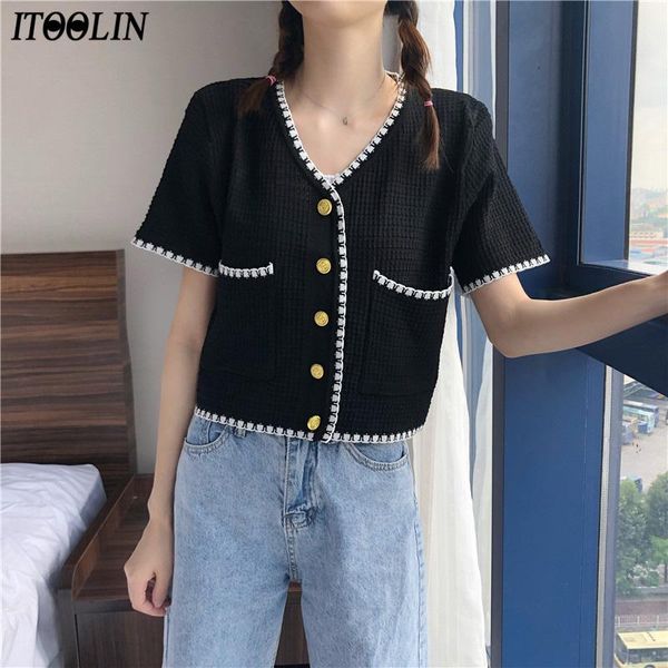 

ly summer v-neck knit thin women open stitch short sleeve shirts with button female patchwork knitwear women's blouses &, White