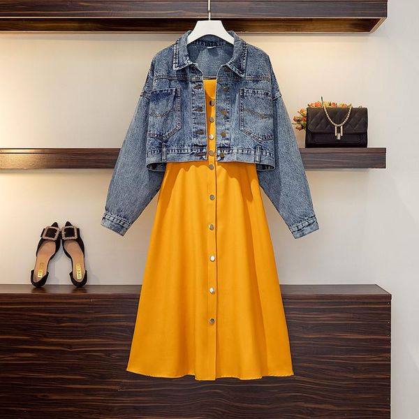 

casual dresses fashion yellow suit women autumn plus size slim mid-length small black dress + short denim jacket two-piece sets female big, Black;gray