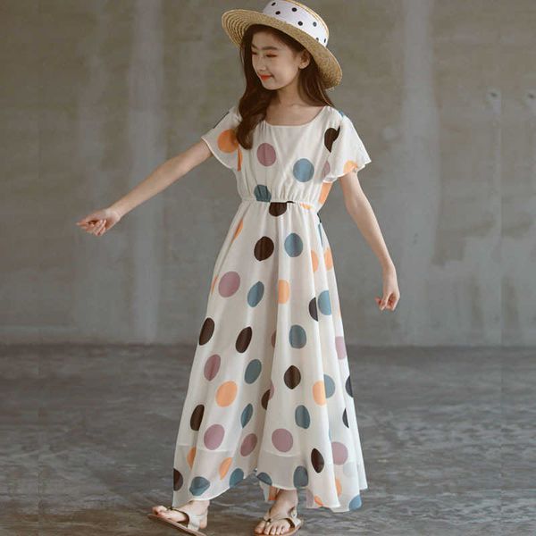 2021 Sommer Weiß Schwarz Lange Teenager Mädchen Kleid Kinder Kleidung Kurze Ärmel Kinder Polka Dot Strand 5 6 7 8 9 10 11 12 Jahre Q0716