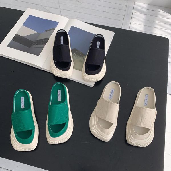 

slippers women's 2021 summer casual hollow out breathable baotou half drag open toe square head flat heel, Black