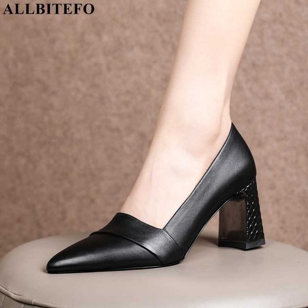 

allbitefo size 33-42 thick heel soft genuine leather high heel shoes fashion street walking shoes women heels shoes high heels 210611, Black