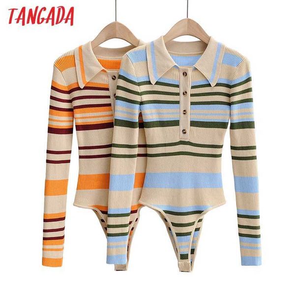 

tangada women striped pattern long sleeve knit bodysuit big strethy overalls ladies chic playsuits 4p33 210609, Black;white