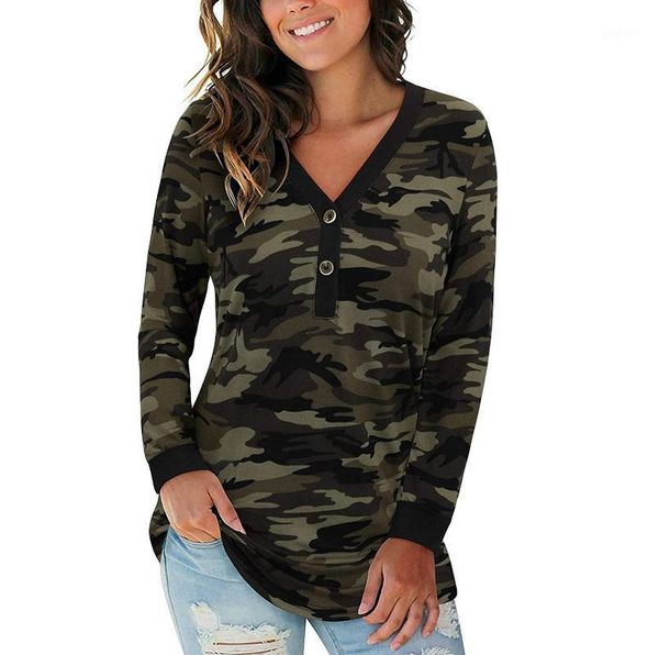 

women's blouses & shirts and ladies elegant vintage camouflage printed blusas comfy buttons v-neck pullover holiday wearing, White