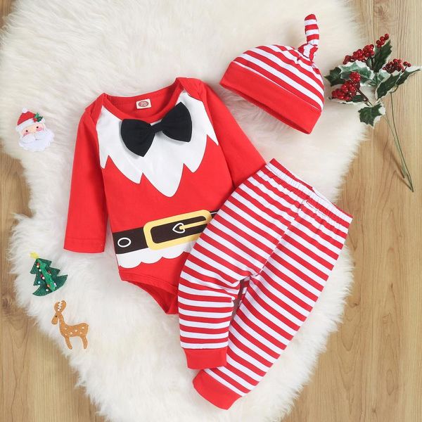 

clothing sets infant baby boys girls christmas xmas santa long sleeve bodysuit+striped pants hat outfits born clothes, White