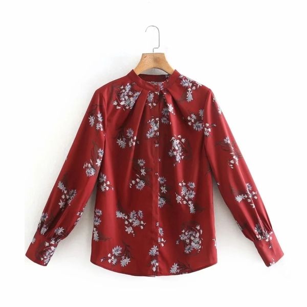 

spring women flower printing red pleating shirt female long sleeve blouse casual lady loose blusas s8603 210430, White