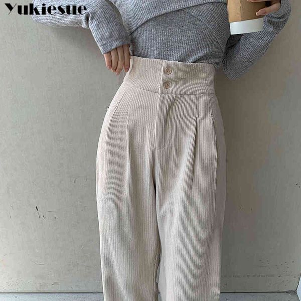 

fashion women corduroy long pant high waist double button loose female straight leg trousers casual pantalon femme 210518, Black;white
