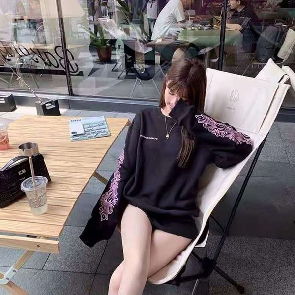 

autumn and winter tide ch sweater men's women's exclusive pink flower arm sanskrit letter lip terry long sleeve couple top, Black