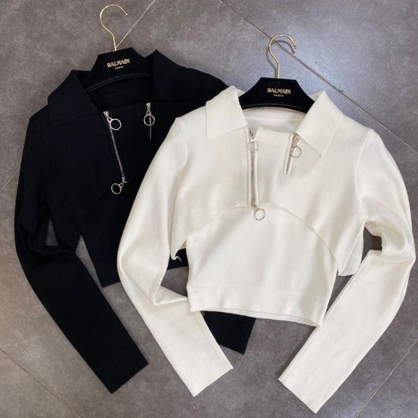 

women's sweaters 2021 lapel long sleeve double zipper short knit sweater with vest design two-piece suit 1011, White;black