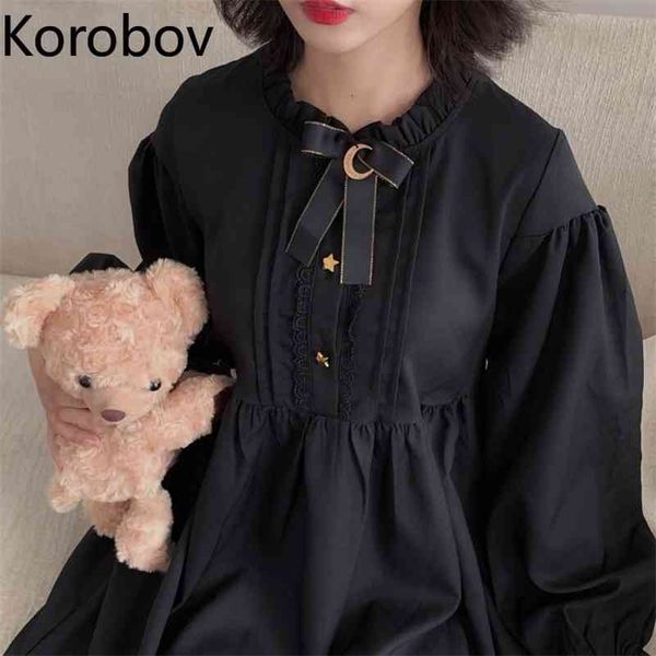 Korobov vintage manga comprida o pescoço curva mulheres vestido coreano cintura alta doce vestidos femininos negros novos chic vestidos 210430