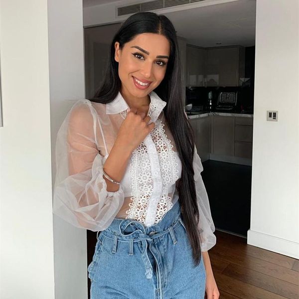 

women's t-shirt 2021 women ladies loose lace flower shirt crop elegant long sleeve turndown collar t-shirts party clubwear clothes, White