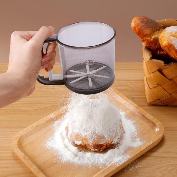 

semi-automatic handheld flour sifter with hand press stainless steel double layers sieve baking cup kitchen tool & pastry tools