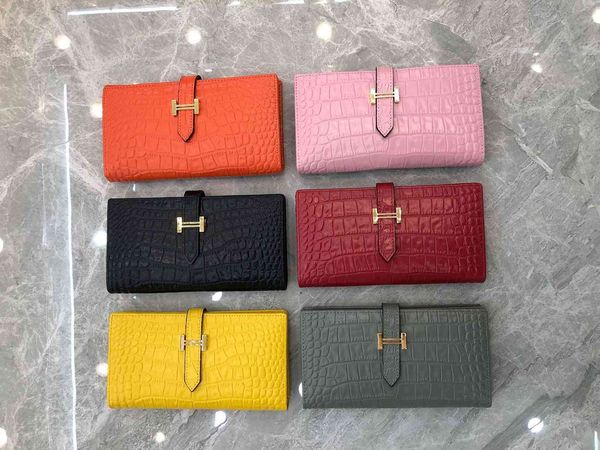 

crocodile leather women's long wallet new cowhide two fold wallet multi card slot versatile women's wallet, Red;black