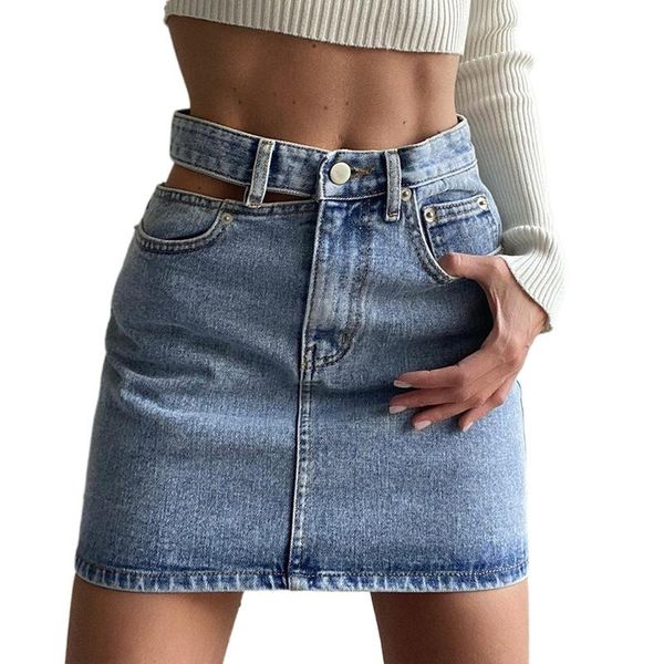 

skirts ladies fashion for women hollow washed denim skirt slim slimming hip high-waisted plus size jean, Black