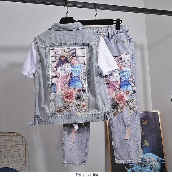 

2piece set women european and american style denim suit three-dimensional floral beaded slim vest + hole jeans pants two-piece two piece dre, White