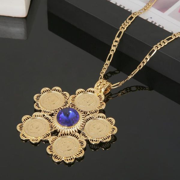 

pendant necklaces ethiopian red blue green stone coin necklace trendy africa eritrea chian jewelry, Silver