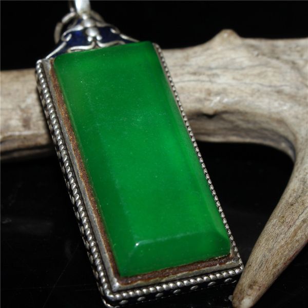 

china old tibetan silver inlaid green jade pendant, Brown