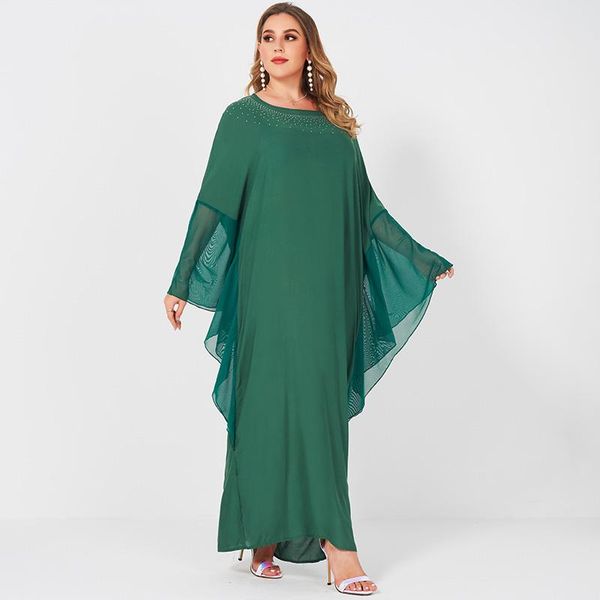 

casual dresses products ladies fashion net yarn stitching solid brick round neck bat sleeve long green banquet loose lace women's dress, Black;gray