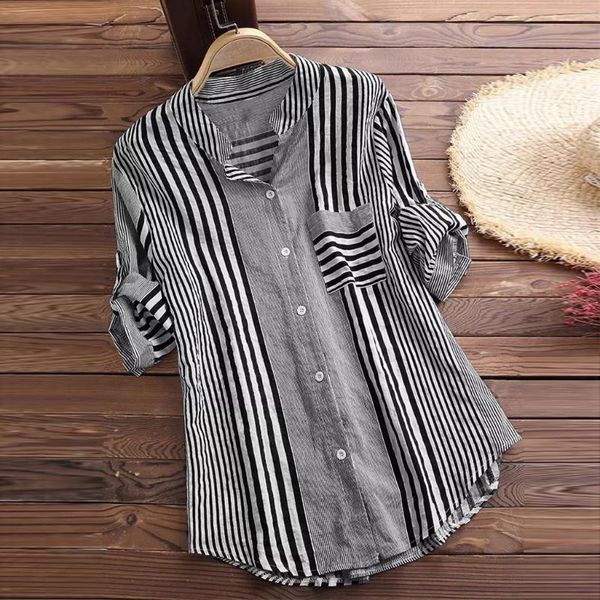 

women's blouses & shirts elegant blouse women three quarter striped print v-neck loose fit summer shirt plus size work wear blusas muje, White