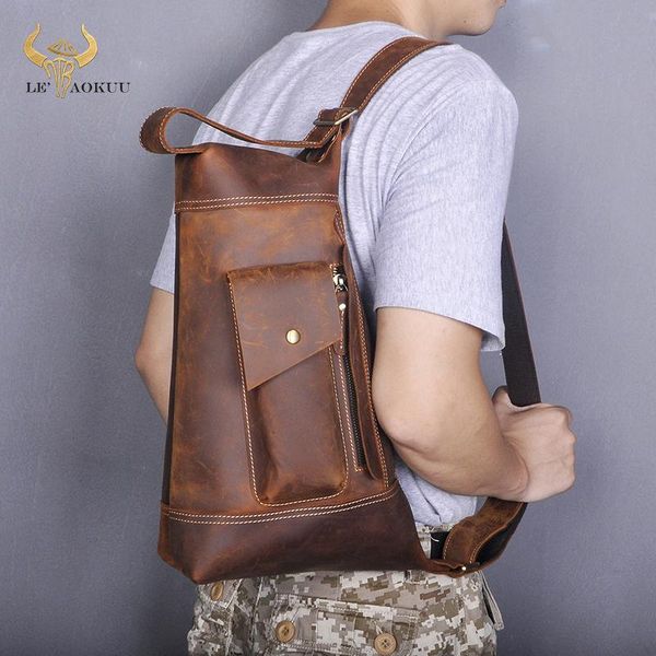 

quality leather men casual fashion travel triangle chest sling bag design 9" tablet one shoulder daypack male 2329 waist bags