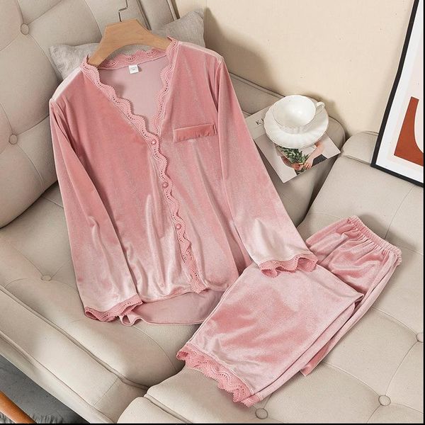 

velvet pajamas autumn winter women sleepwear long sleeve casual nightwear pyjamas suit loose home clothes lace trim sleep set, Black;red