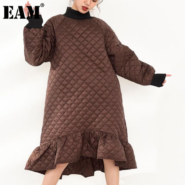

[eam] women coffee color ruffles cotton-padded dress turtleneck long sleeve loose fit fashion autumn winter 2021 1dd068804 casual dresses, Black;gray