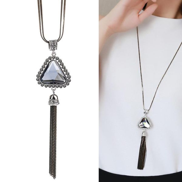 

pendant necklaces meyfflin women crystal long necklace fashion triangle choker pendants female black chain tassel jewelry collier femme, Silver