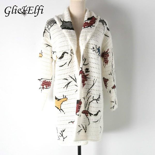

women's sweaters gli&elfi women knitting cardigan single-breasted hollow out 2021 autumn flower print outwear lady elastic elegant knit, White;black