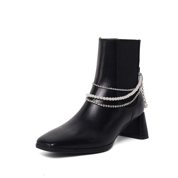 

asumer superior quality genuine leather shoes ladies high heels square toe current autumn pearl winter boots, Black