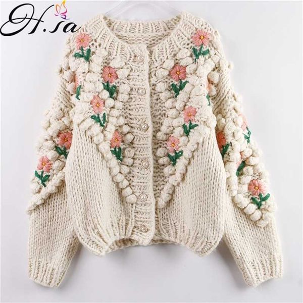 

h.sa women winter handmade sweater and cardigans floral embroidery hollow out chic knit jacket pearl beading 211021, White;black