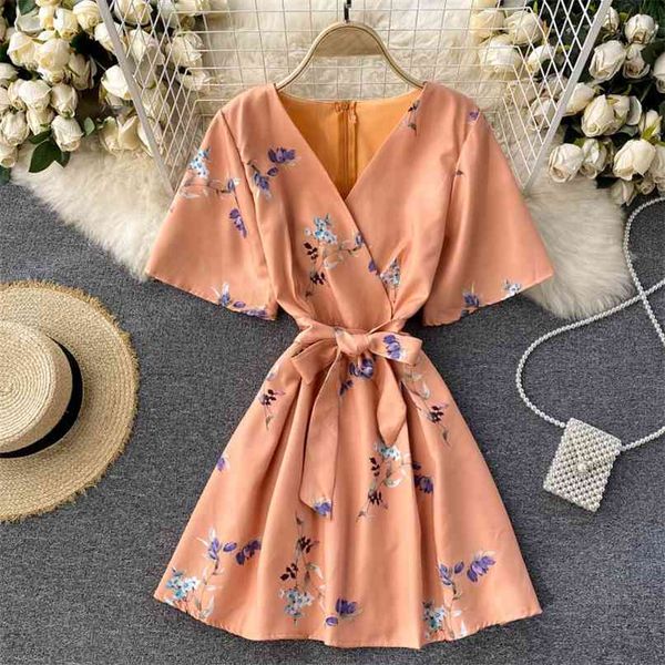 

women dress summer fashion floral print short sleeve mini v-neck lace up waistband a-line sun robe 210603, Black;gray