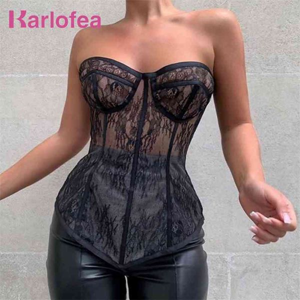 Kealofea espartilho bustiers camisa feminina tops sexy ver através de rendas roupas submersas desgaste strapless tubo sem mangas topo 210401